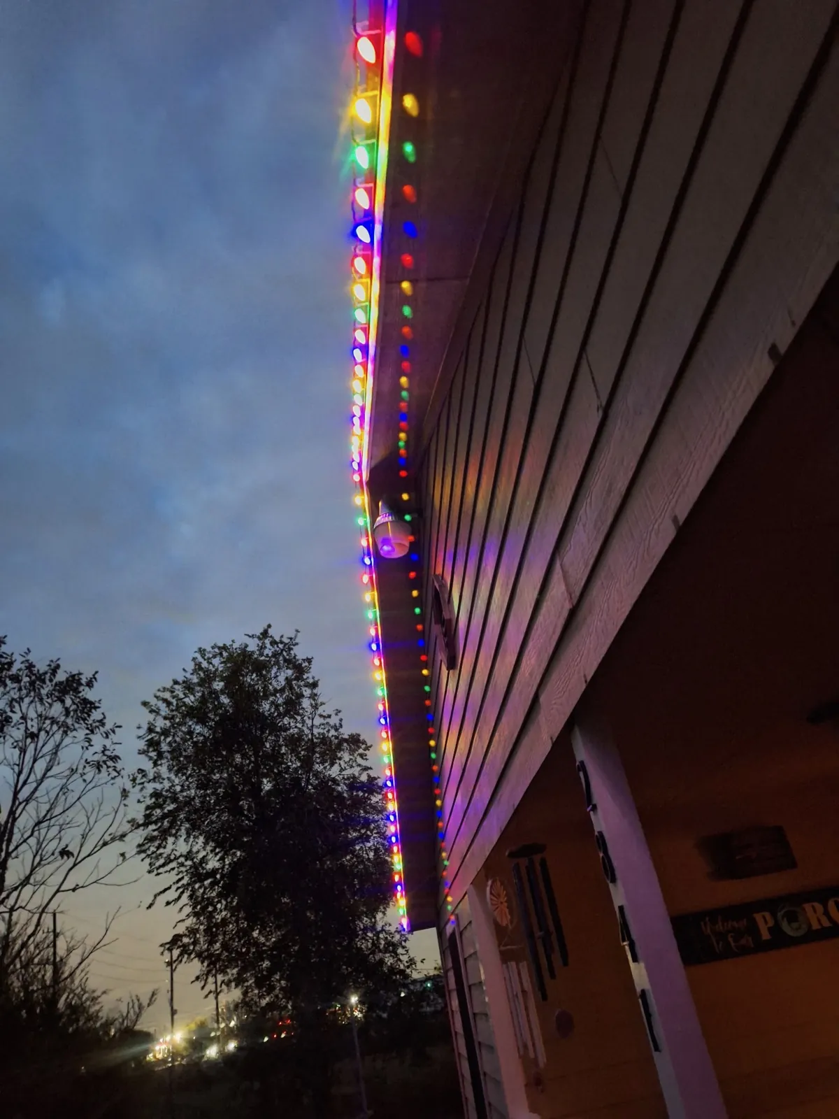 Roof edge with multicolor lights at dusk